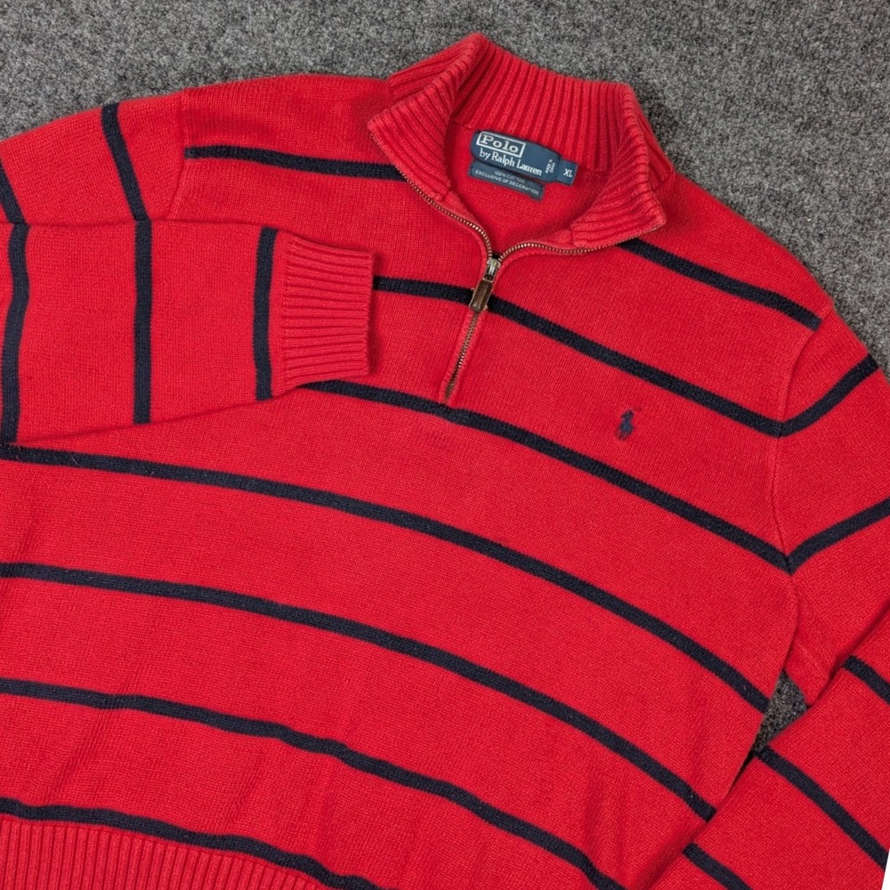 Polo Ralph Lauren Mens XL Red Navy Striped Rugby 100% Cotton Quarter Zip Sweater